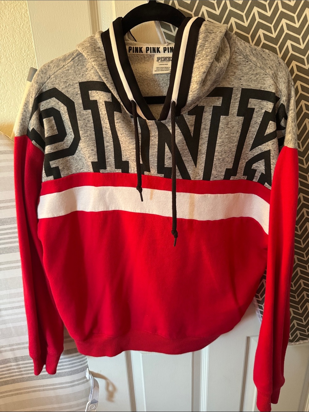 PINK Victoria's Secret Red, White & Gray Colorblock Hoodie with Jogger